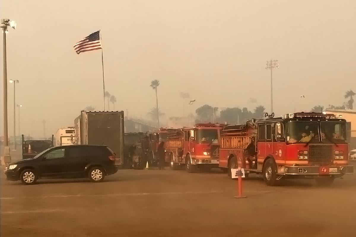Fire engine staging ground in the intense heat and smoke of California wild fires